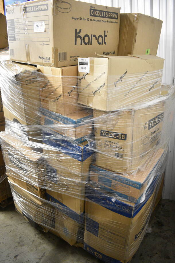 PALLET LOT of 28 BRAND NEW Boxes of Various Items Including Java Jacket Hot Cup Sleeves, Karat 8 oz PET Dessert Cups, Bakers Mark Donut Boxes, P16RLR 16 oz Solo Cups, Boardwalk 24 oz PET Cups, YCDL-08 Dome Lids, Insulated Paper Hot Cups. 28 Times Your Bid! - Image 1 of 12