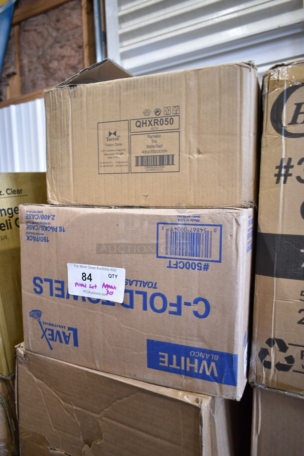 PALLET LOT of 30 BRAND NEW Boxes Including 795PTOKFT3 Choice Kraft Microwavable Folded Paper #3 Take-Out Container 7 3/4" x 5 1/2" x 2 1/2" - 200/Case, 128HD8BULK ChoiceHD 8 oz. Microwavable Translucent Plastic Deli Container - 480/Case, 2 Box 5008W Choice 8 oz Paper Hot Cups, 5 Box 502404816CL Lavex 40-45 Gallon 16 Micron 40" x 48" High Density Janitorial Can Liner / Trash Bag - 250/Case, 3 Box 128HD16BULK ChoiceHD 16 oz. Microwavable Translucent Plastic Deli Container - 480/Case, 128HD12COMBO ChoiceHD 12 oz. Microwavable Translucent Plastic Deli Container and Lid Combo Pack - 240/Case, 127CH24 Choice 24 oz. Clear RPET Hinged Deli Container - 200/Case, 500CFT Lavex White C-Fold Standard Weight Towel - 2400/Case, QHXR050 Tuxton Ramekins, 395RP07 EcoChoice Compostable Sugarcane / Bagasse 7" Plate - 1000/Case, 9PWCR Dart Plates, CCP-9-SQ 9 oz Squat Cold Cups, 2 Box 394EN502M Noble Products Powder-Free Disposable Blue Exam Grade Nitrile 4 Mil Thick Textured Gloves - Medium - 1000/Case, 966UPWIDEKFT 2-Ply Wide Interfold 6 1/2" x 8 1/2" Dispenser Napkin, Choice 16 oz Cups. 30 Times Your Bid! - Image 9 of 12