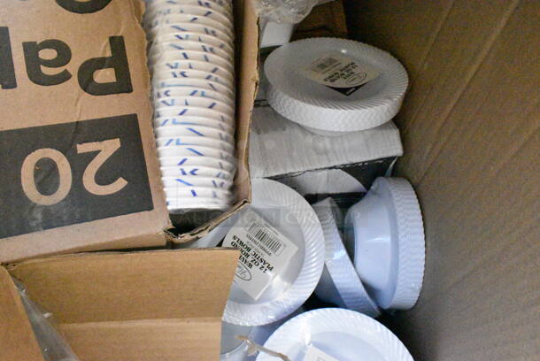 20 BRAND NEW Boxes Including 394365M Noble Products Powder-Free Disposable Clear Vinyl Gloves for Foodservice - Medium - 1000/Case, 760IC16P Choice 16 oz. Pink Paper Frozen Yogurt / Soup / Food Cup - 1000/Case, 346BKFSNSPM Choice Medium Weight Black Wrapped Plastic Cutlery Set with Napkin and Salt and Pepper Packets - 250/Case, 760PCC20 EcoChoice 20 oz. Compostable PLA Paper Cold Cup - 1000/Case, 77005016 Solut 5016 18" Clear Round High Dome Catering / Deli Tray Lid - 25/Case. 20 Times Your Bid! - Image 10 of 12