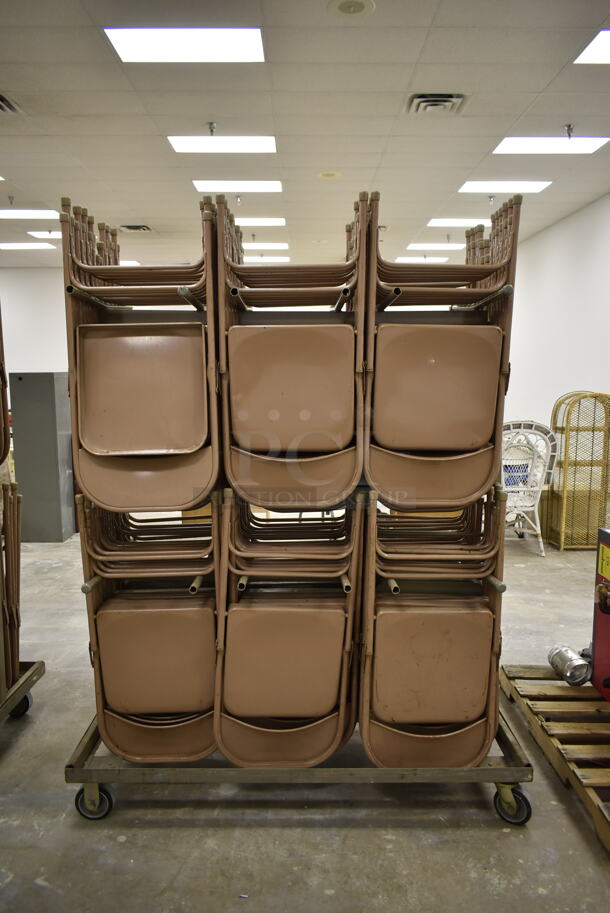 Metal Folding Chair Cart on Commercial Casters w/ Approximately 60 Brown Metal Folding Chairs. (Main Building)