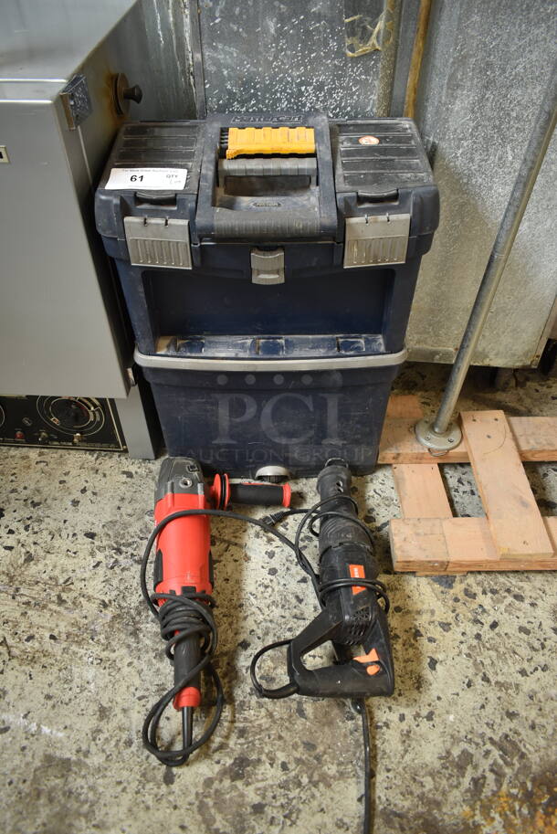 Bauer 1962E-B 7" Angle Grinder, Warrior 57806 Reciprocating Saw and Tool Box. Tested and Working! - Image 1 of 10
