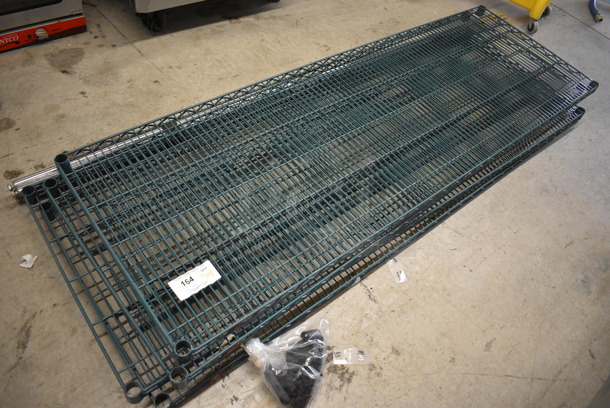 ALL ONE MONEY! Lot of 4 Green Finish Metro Style Shelves, Clips and 4 Poles! 72x24x1.5, 87