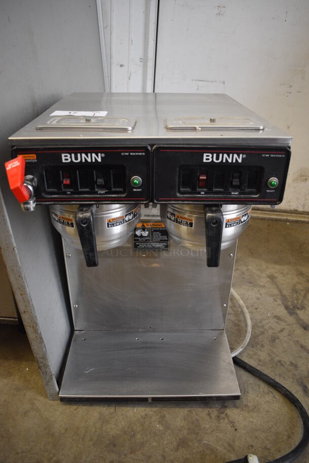 Bunn CWTS TWIN-APS Stainless Steel Commercial Countertop Double Coffee Machine w/ Hot Water Dispenser and 2 Metal Brew Baskets. 120/240 Volts, 1 Phase. 16x22x24