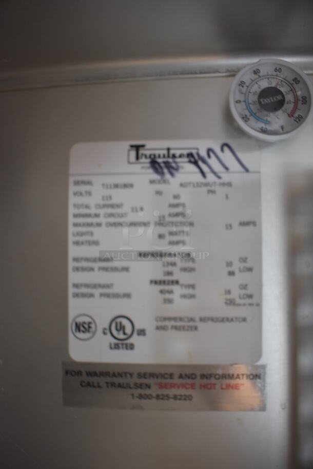 Traulsen AOT132WUT-HHS Stainless Steel Commercial 2 Half Size Door Reach In Cooler Freezer Combo Unit. 115 Volts, 1 Phase. Tested and Powers On But Does Not Get Cold - Image 6 of 7