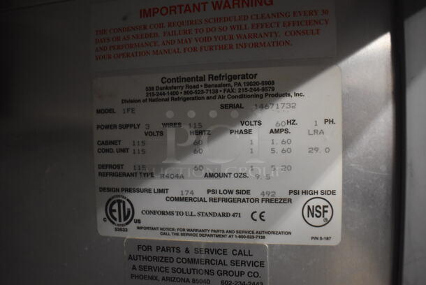 Continental 1FE Stainless Steel Commercial Single Door Reach In Freezer. 115 Volts, 1 Phase. 28.5x36x77.5. Tested and Working! - Image 5 of 5