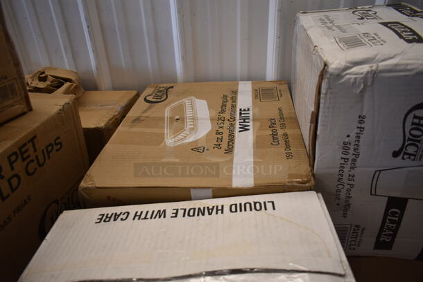 PALLET LOT of 30 BRAND NEW Boxes Including 760SOUP8WPL Choice 8 oz. White Double Poly-Coated Paper Food Cup with Vented Plastic Lid - 250/Case, 3 Box 128HD8BULK ChoiceHD 8 oz. Microwavable Translucent Plastic Deli Container - 480/Case, 500CC16 Choice Plastic Cold Cup, 612527PCO Choice 7" Round Standard Weight Foil Take-Out Pan with Dome Lid - 200/Case, 612P558 Choice 8" Clear Round Plastic Dome Lid - 500/Case, 160TCPR83WH Choice 83" Round White 100% Spun Polyester Hemmed Cloth Table Cover, 2 Box 128HDLDBULK ChoiceHD Microwavable Translucent Plastic Deli Container Lid - 480/Case, 37T019 Libbey 9" Plates, 500TW35 Choice 3.5 oz. Translucent Thin Wall Plastic Cold Cup - 2500/Case, 394365L Noble Products Powder-Free Disposable Clear Vinyl Gloves for Foodservice - Large - 1000/Case, 245CB12PLN Choice 12" x 12" x 2" Kraft Customizable Corrugated Plain Pizza Box - 50/Case, 500PMGREEKBL Choice 10" x 14" Greek Key Blue Placemat - 1000/Case, 129MCS24W Choice 24 oz. White 8" x 5 1/4" x 2" Rectangular Microwavable Heavy Weight Container with Lid - 150/Case, 347TCL7 CUP 7OZ TUMBLER CL 500 CHOICE, 2 Box 129MCR32B Choice 32 oz. Black 7 1/4" Round Microwavable Heavy Weight Container with Lid - 10/Pack, 760SOUP12WP Choice 12 oz. White Double Poly-Coated Paper Food Cup with Vented Plastic Lid - 250/Case. 30 Times Your Bid! - Image 12 of 12