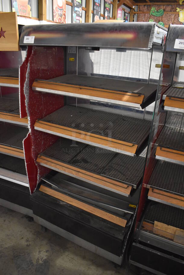 Fri-jado MD40-4 SB Stainless Steel Commercial Floor Style Open Grab N Go Heated Merchandiser w/ Metal Shelves on Commercial Casters. Both Side Panels Have Damage - See Pictures. 208 Volts, 1 Phase. 39.5x30.5x79 - Image 2 of 8