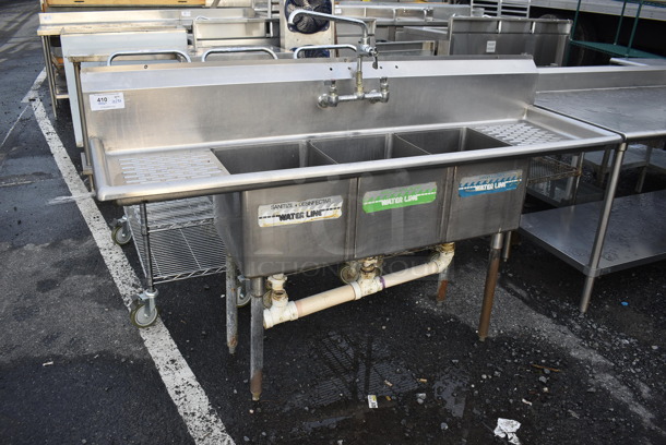Stainless Steel 3 Bay Sink w/ Dual Drain Boards, Faucet and Handles. 72x22x44. Bays 14x16x12. Drain Boards 13x18x1 - Image 2 of 5