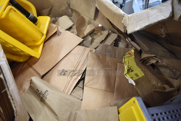 PALLET LOT of Various Items Including 2 Yellow Mop Bucket Wringing Attachment, Yellow Mop Bucket, Brown Paper Bags, Black Poly Bins - Image 6 of 9