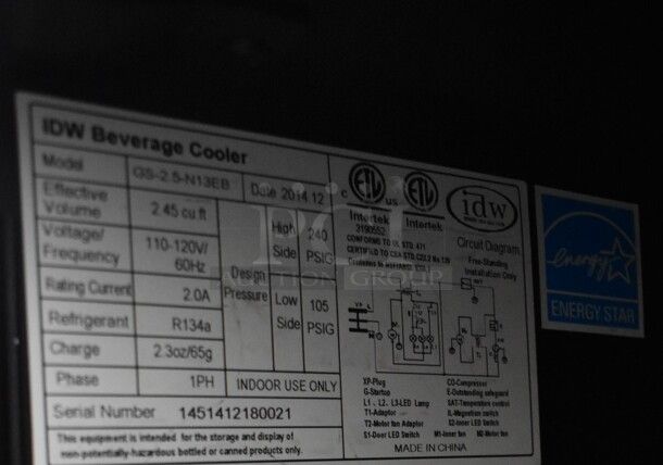 2014 IDW GS-25-N13EB Metal Commercial Mini Cooler Merchandiser. 115 Volts, 1 Phase. Tested and Powers On But Does Not Get Cold - Image 5 of 5