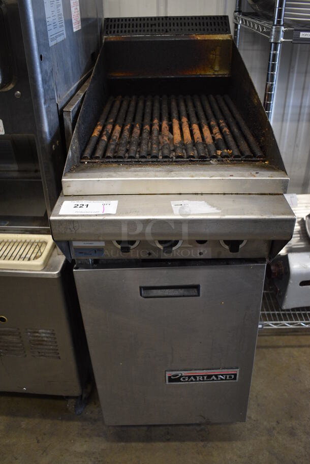 Garland Model M17B Stainless Steel Commercial Floor Style Natural Gas Powered Charbroiler Grill on Commercial Casters. 17x38x46