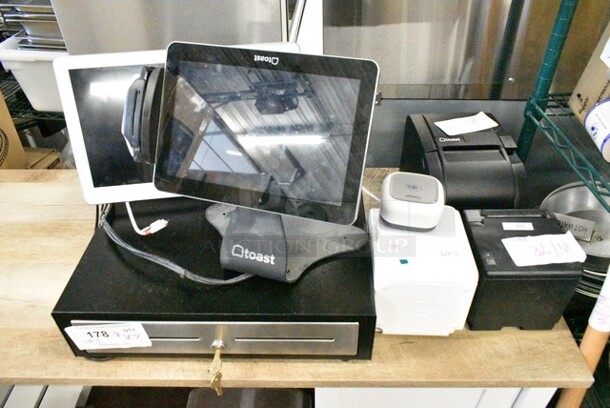 7 Various Items to POS System Including 2 Toast POS Monitor, Metal Cash Drawer, Toast TL-SF100SD Desktop Switch, Toast TP200W Receipt Printer, Toast TKP300 Receipt Printer, Epson Receipt Printer. 7 Times Your Bid!   - Image 1 of 12