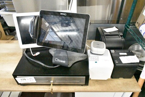 7 Various Items to POS System Including 2 Toast POS Monitor, Metal Cash Drawer, Toast TL-SF100SD Desktop Switch, Toast TP200W Receipt Printer, Toast TKP300 Receipt Printer, Epson Receipt Printer. 7 Times Your Bid!  