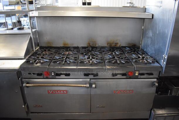 Vulcan Snorkel Stainless Steel Commercial Natural Gas Powered 10 Burner Range w/ 2 Convection Ovens, Over Shelf and Back Splash on Commercial Casters. 60x32x60