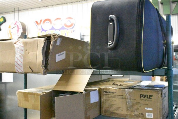 5 Various Items Including Pyle PLPTS4 Universal Device Stand, BRAND NEW Jovial JOVGF2W 2 Wheel Golf Pull Cart, BRAND NEW Pyle PREA90WBT 6-Channel Bluetooth Hybrid Home Amplifier Home Stereo Amplifier Radio, Impact LKB-R2-V3 Light Kit Roller Bag #2. 5 Times Your Bid!  - Image 1 of 12