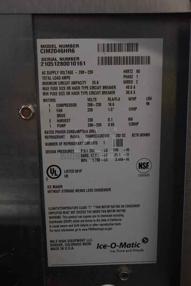 LATE MODEL! Ice O Matic CIM2046HR6 Stainless Steel Commercial Ice Head. 208-230 Volts, 1 Phase. - Image 6 of 6
