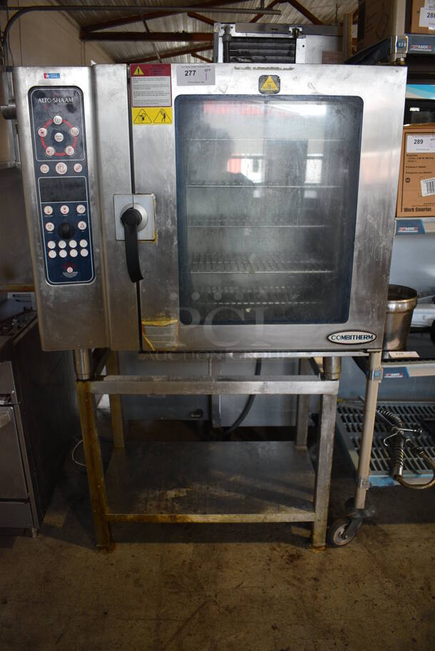 2012 Alto Shaam 10.10 ES Stainless Steel Commercial Natural Gas Powered Convection Oven w/ View Through Door on Metal Equipment Stand w/ Commercial Casters. 208-240 Volts, 3 Phase. 42x32x67