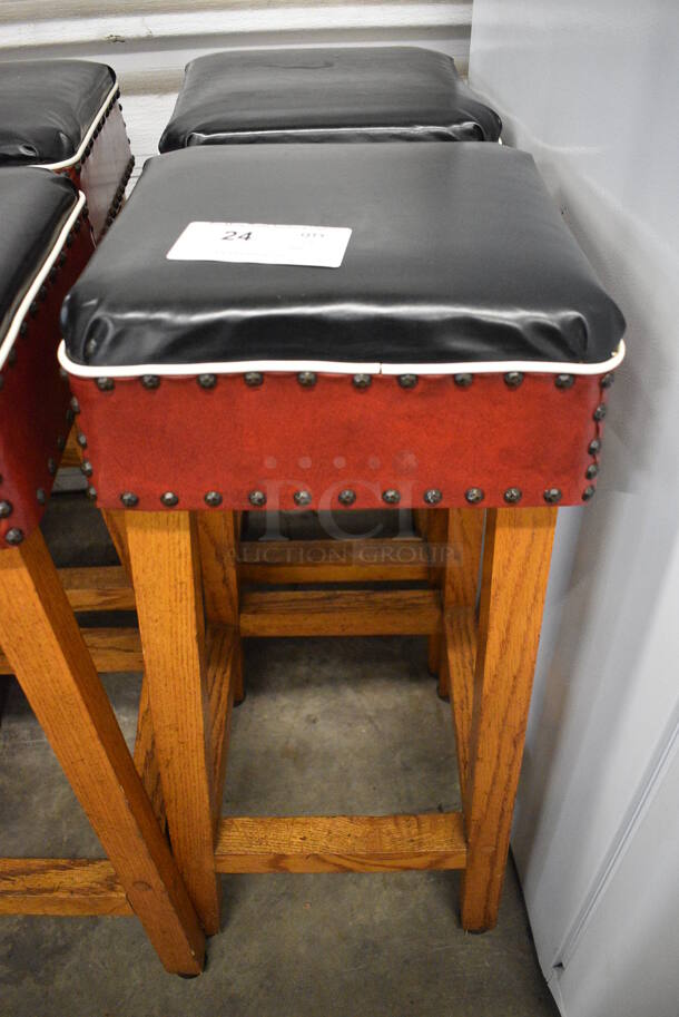2 Wooden Stools w/ Black Seat Cushion. 15x15x32.5. 2 Times Your Bid!