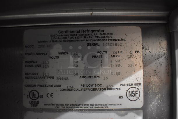 Continental 2FE-SS Stainless Steel Commercial 2 Door Reach In Freezer on Commercial Casters. 115 Volts, 1 Phase. 57x34x82. Tested and Working! - Image 3 of 6