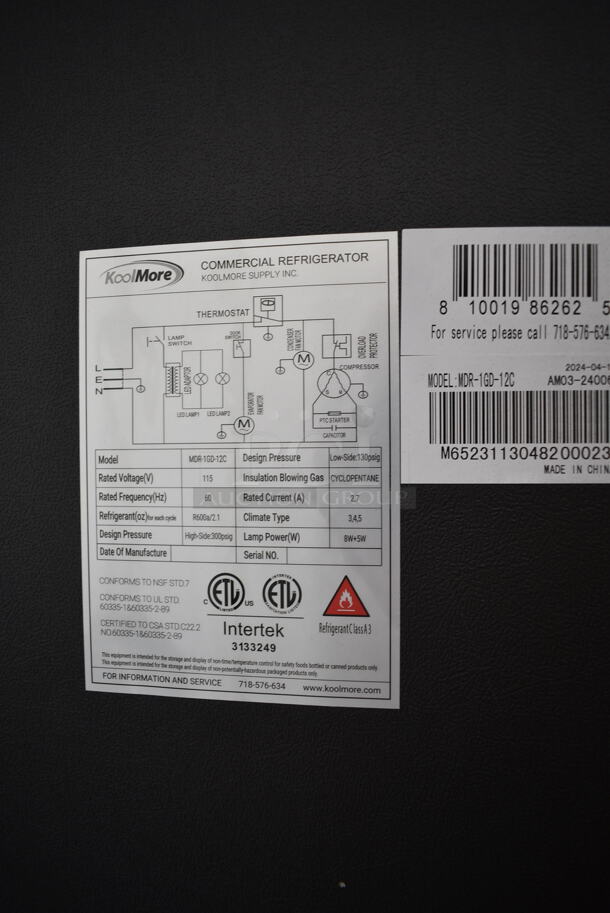 BRAND NEW SCRATCH AND DENT! KoolMore MDR-1GD-12C Metal Commercial Single Door Reach In Cooler Merchandiser w/ Poly Coated Racks. See Pictures for Broken Glass. 115 Volts, 1 Phase. Tested and Working! - Image 7 of 7
