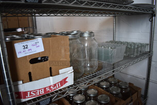 ALL ONE MONEY! Tier Lot of Various Items Including 14 Glass Jars, 29 Small Jars and 61 Extra Lids. Includes 4.5x4.5x9.5