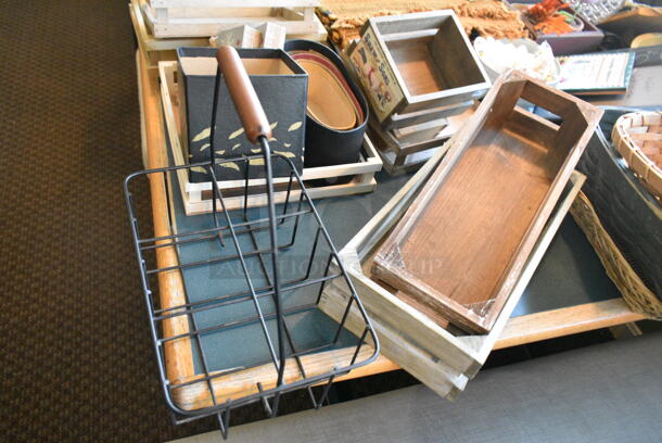 Wall Mount Table w/ Contents Including Baskets and Decor. BUYER MUST REMOVE: Bring Tools and Manpower Needed To Remove This Item. (booth room)  - Image 8 of 9