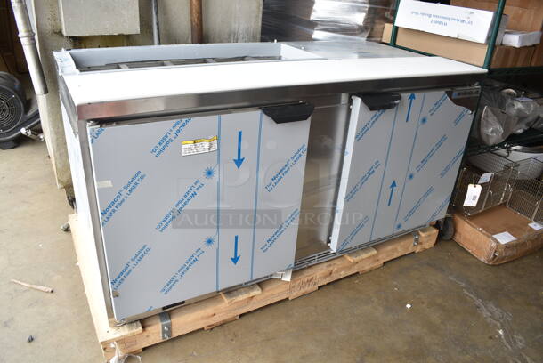 BRAND NEW SCRATCH AND DENT! Beverage Air SPE60HC-10 Stainless Steel Commercial Elite Series 60" 2 Door Refrigerated Sandwich Prep Table on Commercial Casters. 115 Volts, 1 Phase. Tested and Working! - Image 3 of 12