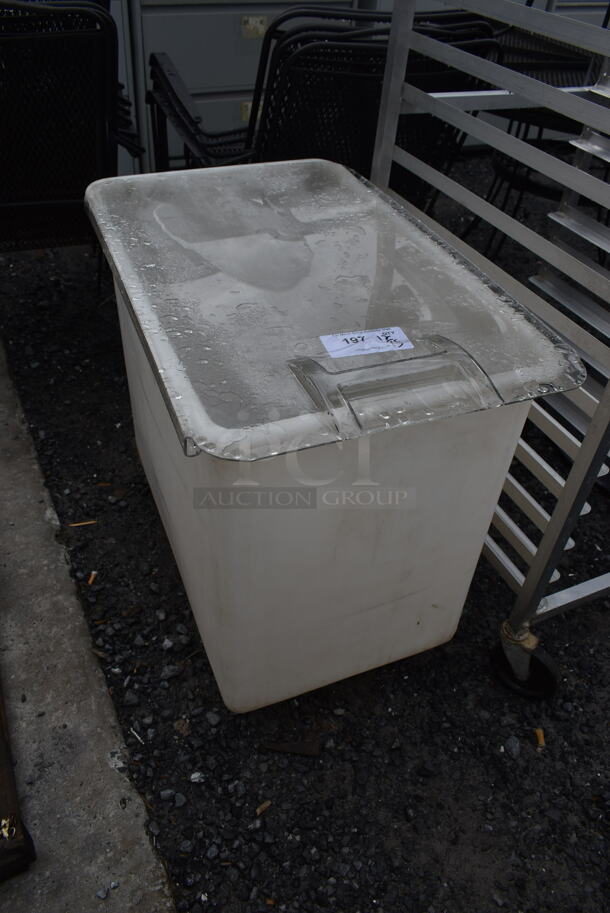 White Poly Ingredient Bin w/ Clear Lid on Commercial Casters. - Image 1 of 3