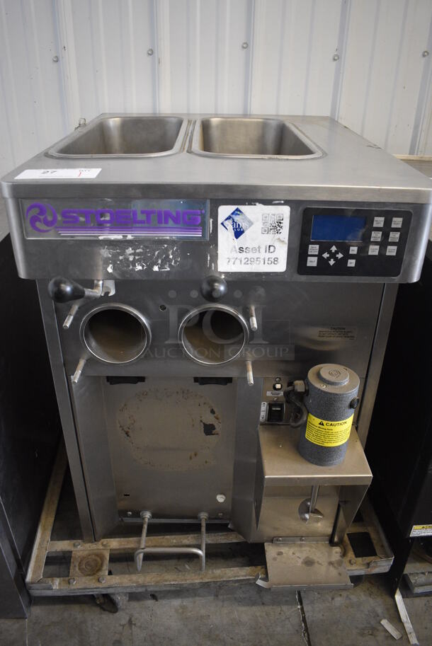 2014 Stoelting Model SF121-38I2 Stainless Steel Commercial Countertop Air Cooled 2 Flavor w/ Twist Soft Serve Ice Cream Machine on Metal Dolly. 208-230 Volts, 1 Phase. 22x33x32, 30x23x6