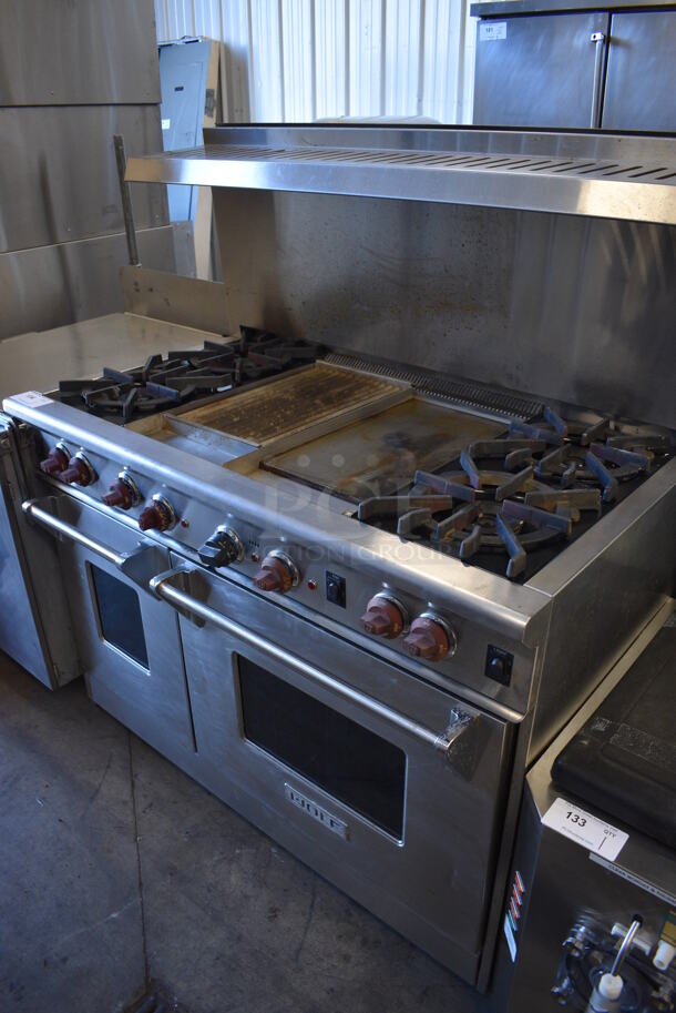 Wolf Stainless Steel Commercial Natural Gas Powered 4 Burner Range w/ Flat Top, Charbroiler, Convection Oven, Warmer, Over Shelf and Back Splash. 48x28x57