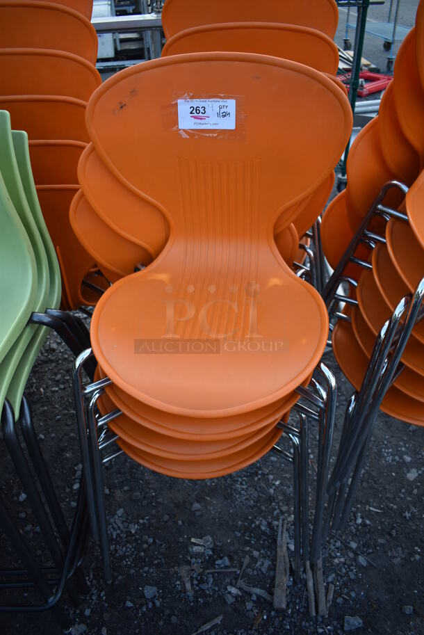 4 Dining Chairs w/ Orange Seat on Metal Legs. 20x20x32. 4 Times Your Bid! - Image 1 of 4