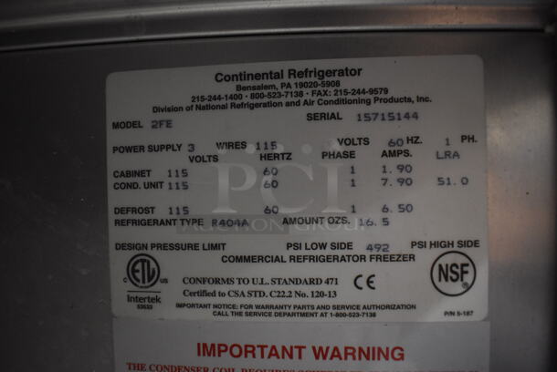 Continental 2FE Stainless Steel Commercial 2 Door Reach In Freezer on Commercial Casters. Missing Doors. 115 Volts, 1 Phase. 57x34x82. Tested and Does Not Power On - Image 4 of 6