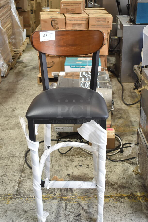 BRAND NEW SCRATCH AND DENT! Lancaster Table & Seating Black Metal Bar Height Chair w/ Black Seat Cushion and Wooden Back Rest.  - Image 3 of 3