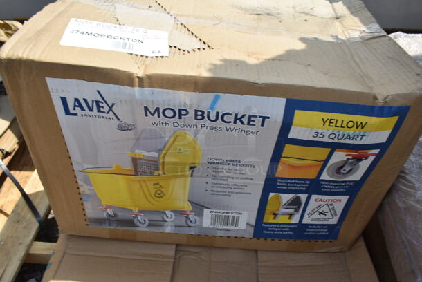5 BRAND NEW SCRATCH AND DENT! Items; 2 Lavex 274MOPBCKTYE 35 Qt. Yellow Mop Bucket & Side Press Wringer Combo, 2 Lavex 274MOPBCKTDN 35 Qt. Yellow Mop Bucket and Down Press Wringer Combo, Lavex Black Slim Jim Trash Can. 5 Times Your Bid!  - Image 8 of 8