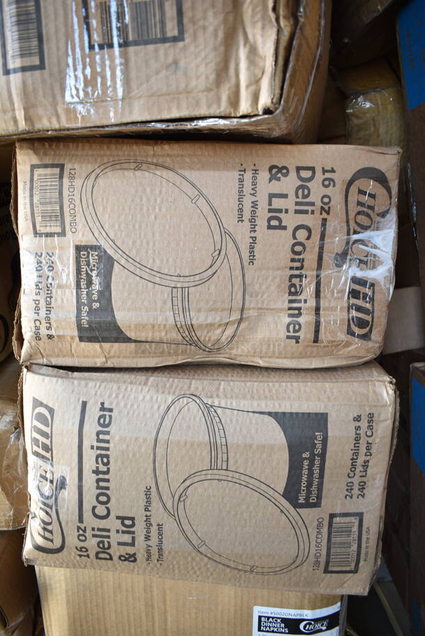 PALLET LOT of 45 BRAND NEW Boxes Including Tork 2461200 Tork Advanced T24 Individually Wrapped 2-Ply Standard 500 Sheet Toilet Paper Roll 4" x 3 3/4" - 80/Case, 2 Box Dart 95HT3R 9 1/2" x 9" x 3" White Foam Three-Compartment Square Take Out Container with Hinged Lid - 200/Case, 127P2C Choice Clear Plastic Souffle Cup / Portion Cup - 2 oz. - 2500/Case, 5080-BK Fineline 9.7" 80 oz Pete Salad Bowls, 5002DNAP Choice White 2-Ply Dinner Napkin 17" x 15" - 3000/Case, Flairware 12 oz Margarita Glasses, 394365L Noble Products Powder-Free Disposable Clear Vinyl Gloves for Foodservice - Large - 1000/Case, Dart ClearPac SafeSeal 12 oz. Tamper-Resistant, Tamper-Evident Hinged Container with Flat Lid - 200/Case, Bell Marque 00200 Napkins, Round Foil Board Lids, 347TCL10 Choice 10 oz. Clear Disposable Plastic Tumbler - 500/Case, 2 Box 128HD16COMBO ChoiceHD Microwavable Plastic Deli Container, Choice 5 oz Dessert Cups, 4 Box 130WSPOON Choice Medium Weight White Plastic Teaspoon - 1000/Case, 2 Box 129MCR16B Dart ClearPac SafeSeal 12 oz. Tamper-Resistant, Tamper-Evident Hinged Container with Flat Lid - 200/Case, 128HDLDBULK ChoiceHD Microwavable Translucent Plastic Deli Container Lid - 480/Case, 500MF883B1C Choice 8" x 8" 1-Compartment Microwaveable Black Mineral-Filled Plastic Hinged Take-Out Container - 150/Case, 50012RIPKRPE Choice 12 oz. Double Wall Ripple Kraft Paper Hot Cup - 500/Case, 795PTOKFT8 Choice Kraft Microwavable Folded Paper #8 Take-Out Container 6" x 4 3/4" x 2 1/2" - 300/Case, 500L1020B Choice Black Hot Paper Cup Travel Lid for 10-24 oz. Standard Cups and 8 oz. Squat Cups - 1000/Case. 45 Times Your Bid! - Image 10 of 12