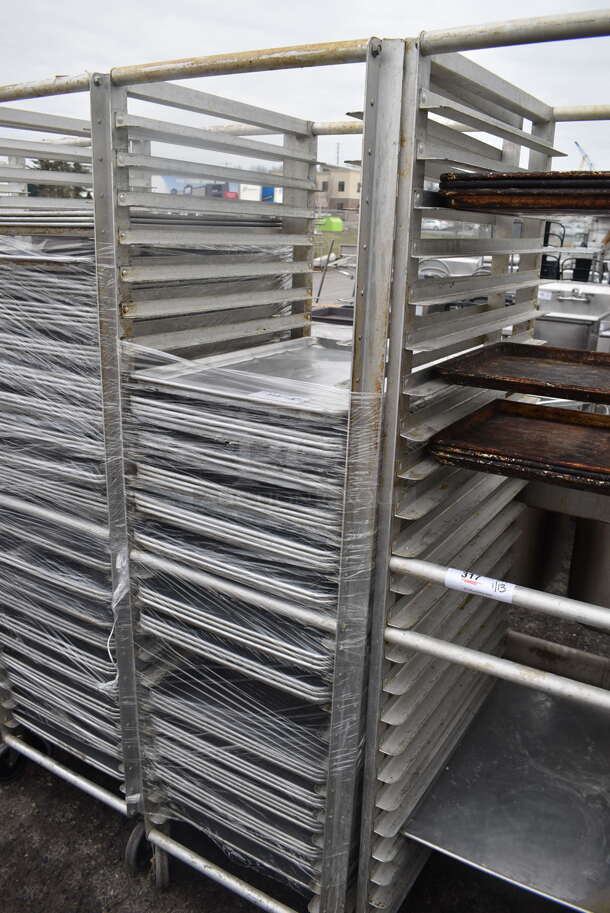 Metal Commercial Pan Transport Rack  w/ 36 Full Size Metal Baking Pans on Commercial Casters. 21x27x70
