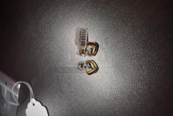 BRAND NEW! Ladies Two-Tone 14K Yellow & White Gold Two Tone Square Drop Pave Earring Pair  - Image 1 of 4