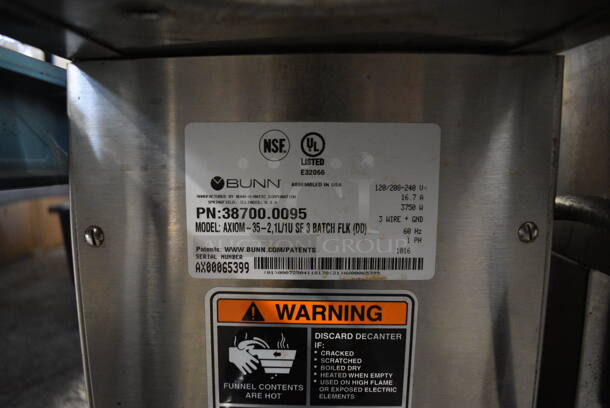 2016 Bunn Model AXIOM-35-2 Stainless Steel Commercial Countertop 2 Burner Coffee Machine w/ Metal Brew Basket and Coffee Pot. 120/208-240 Volts, 1 Phase. 8x18x19 - Image 3 of 5