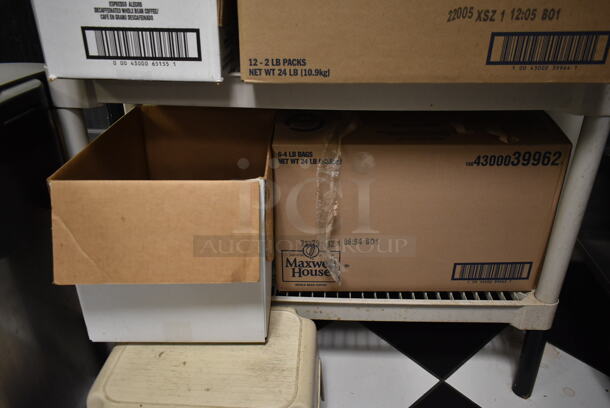 Poly 5 Tier Shelving Unit w/ Contents Including Coffee Grounds and Trash Can. BUYER MUST REMOVE: BUYER MUST DISMANTLE. PCI CANNOT DISMANTLE FOR SHIPPING. PLEASE CONSIDER FREIGHT CHARGES. (ice room) - Image 6 of 8