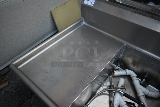 Stainless Steel Commercial 3 Bay Sink w/ Dual Drain Boards, Handles, Faucet and Spray Nozzle Attachment. No Legs. Bays 20x28. Drain Boards 18.5x20 - Image 4 of 6