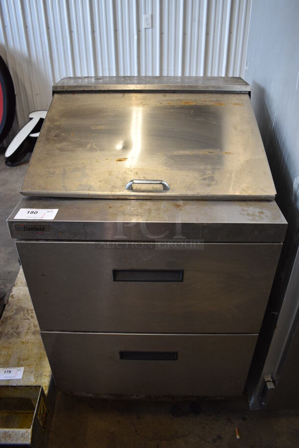 Delfield Model D4427N-12M Stainless Steel Commercial Sandwich Salad Prep Table Bain Marie Mega Top w/ 2 Drawers and Various Metal Drop In Bins on Commercial Casters. 115 Volts, 1 Phase. 27x32x45. Tested and Working!