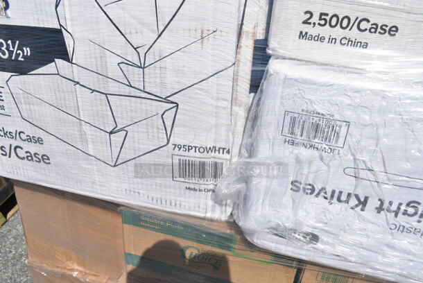 PALLET LOT of 44 BRAND NEW Boxes Including 2 Box 5002DNAPBLK Choice 15" x 17" Black Customizable 2-Ply Paper Dinner Napkin - 1000/Case, 795PTOWHT4 Choice White Microwavable Folded Paper #4 Take-Out Container 7 3/4" x 5 1/2" x 3 1/2" - 160/Case, 347SLWG16 Visions 16 oz. Heavy Weight Clear Plastic Stemless Wine Glass - 64/Case, 2 Box 5002CPTE Lavex 2-Ply White Center Pull Paper Towel 510' Roll - 6/Case, 433NHT004 Choice 1/5 Large Size White Heavy-Duty Unprinted Plastic T-Shirt Bag - 500/Case, 2 Box 395SP06PF EcoChoice No PFAS Added 6" x 6" Natural Bagasse Blend Square Plate - 400/Case, Bakers Lane Pie Pan, 2 Box 500PMGREEKGD Choice 10" x 14" Greek Key Gold Placemat - 1000/Case, 612W45 Choice 10 3/4" x 14" Insulated Foil Sandwich Wrap Sheets - 2000/Case, 128HDLDBULK ChoiceHD Microwavable Translucent Plastic Deli Container Lid - 480/Case, 795KFT44RNPLA EcoChoice 44 oz. Round Kraft Bio-Lined Compostable Take-Out Container 2 5/8" x 7 5/16" - 300/Case. 44 Times Your Bid!  - Image 5 of 12