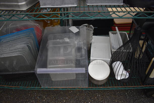 ALL ONE MONEY! Lot of Green Finish 4 Tier Shelving Unit on Commercial Casters w/ All Contents Including Stainless Steel Drop In Bins, White Ceramic Dishes, Blue Poly Lettuce Spinner, Poly Lids. BUYER MUST DISMANTLE. PCI CANNOT DISMANTLE FOR SHIPPING. PLEASE CONSIDER FREIGHT CHARGES. 72x21x69 - Image 8 of 9