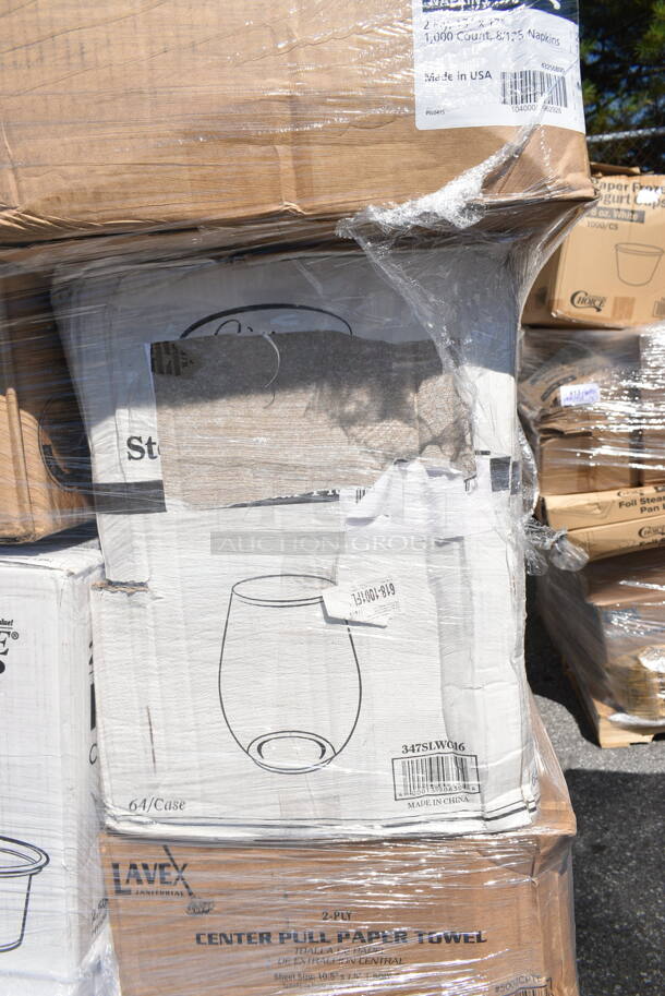 PALLET LOT of 44 BRAND NEW Boxes Including 2 Box 5002DNAPBLK Choice 15" x 17" Black Customizable 2-Ply Paper Dinner Napkin - 1000/Case, 795PTOWHT4 Choice White Microwavable Folded Paper #4 Take-Out Container 7 3/4" x 5 1/2" x 3 1/2" - 160/Case, 347SLWG16 Visions 16 oz. Heavy Weight Clear Plastic Stemless Wine Glass - 64/Case, 2 Box 5002CPTE Lavex 2-Ply White Center Pull Paper Towel 510' Roll - 6/Case, 433NHT004 Choice 1/5 Large Size White Heavy-Duty Unprinted Plastic T-Shirt Bag - 500/Case, 2 Box 395SP06PF EcoChoice No PFAS Added 6" x 6" Natural Bagasse Blend Square Plate - 400/Case, Bakers Lane Pie Pan, 2 Box 500PMGREEKGD Choice 10" x 14" Greek Key Gold Placemat - 1000/Case, 612W45 Choice 10 3/4" x 14" Insulated Foil Sandwich Wrap Sheets - 2000/Case, 128HDLDBULK ChoiceHD Microwavable Translucent Plastic Deli Container Lid - 480/Case, 795KFT44RNPLA EcoChoice 44 oz. Round Kraft Bio-Lined Compostable Take-Out Container 2 5/8" x 7 5/16" - 300/Case. 44 Times Your Bid!  - Image 7 of 12