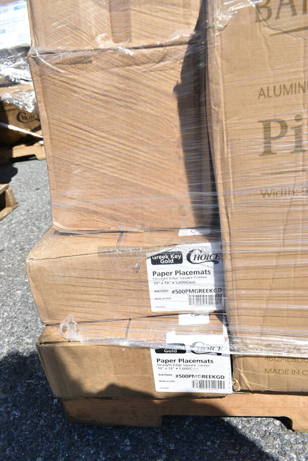 PALLET LOT of 44 BRAND NEW Boxes Including 2 Box 5002DNAPBLK Choice 15" x 17" Black Customizable 2-Ply Paper Dinner Napkin - 1000/Case, 795PTOWHT4 Choice White Microwavable Folded Paper #4 Take-Out Container 7 3/4" x 5 1/2" x 3 1/2" - 160/Case, 347SLWG16 Visions 16 oz. Heavy Weight Clear Plastic Stemless Wine Glass - 64/Case, 2 Box 5002CPTE Lavex 2-Ply White Center Pull Paper Towel 510' Roll - 6/Case, 433NHT004 Choice 1/5 Large Size White Heavy-Duty Unprinted Plastic T-Shirt Bag - 500/Case, 2 Box 395SP06PF EcoChoice No PFAS Added 6" x 6" Natural Bagasse Blend Square Plate - 400/Case, Bakers Lane Pie Pan, 2 Box 500PMGREEKGD Choice 10" x 14" Greek Key Gold Placemat - 1000/Case, 612W45 Choice 10 3/4" x 14" Insulated Foil Sandwich Wrap Sheets - 2000/Case, 128HDLDBULK ChoiceHD Microwavable Translucent Plastic Deli Container Lid - 480/Case, 795KFT44RNPLA EcoChoice 44 oz. Round Kraft Bio-Lined Compostable Take-Out Container 2 5/8" x 7 5/16" - 300/Case. 44 Times Your Bid!  - Image 12 of 12