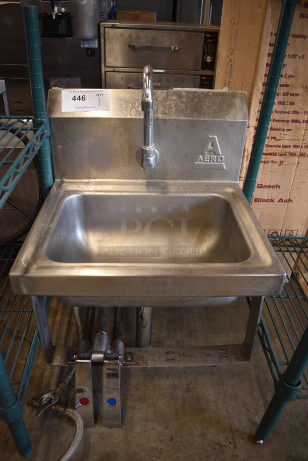 Aero Stainless Steel Commercial Single Bay Wall Mount Sink w/ Faucet and Knee Pedals. 17x15.5x22.5