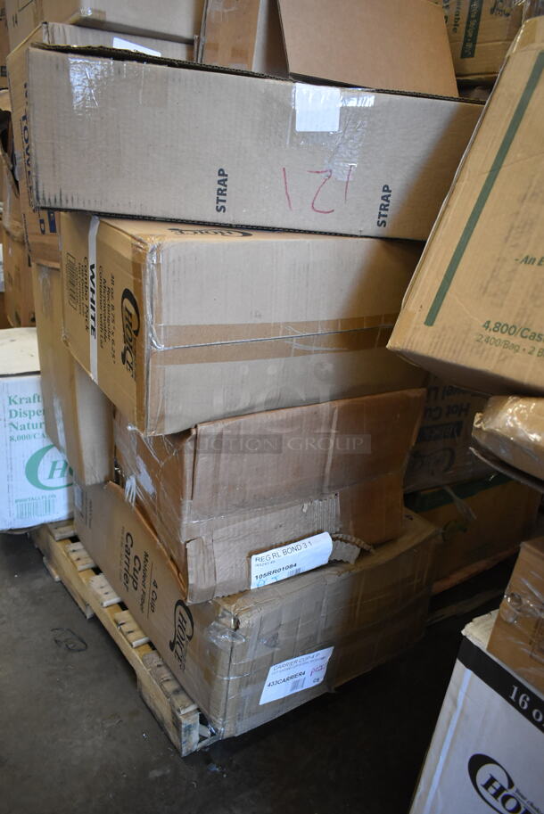 PALLET LOT of 35 BRAND NEW! Boxes Including 347RSG1 Choice 1 oz. Clear Plastic Shot Glass - 2500/Case, Lavex Multi-Fold Towels, GGC-023 Tuxton GGC-023 TuxTrendz Artisan Geode Coral 13 1/4" x 11" Oval China Platter - 12/Case, 5002CPTENAT Lavex 2-Ply Natural Kraft Center Pull Economy Paper Towel 510' Roll - 6/Case, 5002DNAP NAPKIN 15X16.53 2PLYWH 3M 5002DNAP CHOICE, 966TALLFLDN Choice Kraft Natural Tall-Fold 6" x 13" Dispenser Napkin - 8000/Case, Arcoroc Glasses, 3 Box Choice Black Hot Paper Cup Travel Lid with Hinged Tab for 10-24 oz. Standard Cups and 8 oz. Squat Cups - 1000/Case, HP1702623 Delfield 1702623 Gasket,Dr,400,Push-In, 105RR01084 Point Plus 3 1/4" x 243' Traditional Cash Register POS Paper Roll Tape - 48/Case, 433CARRIER4 Pulp Fiber 4 Cup Carrier - 300/Case. 35 Times Your Bid! - Image 5 of 7