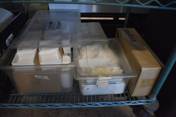 ALL ONE MONEY! Metro Lot of 4 Tiers of Various Items Including Dishes, Stainless Steel Drop In Bins and Poly Lids. Does Not Include Metro Shelving Unit - Image 2 of 9