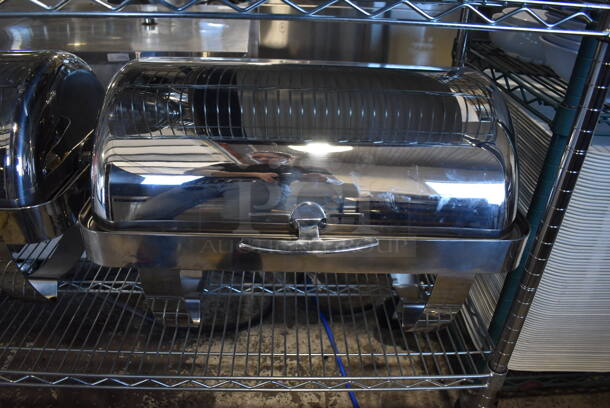 ALL ONE MONEY! Lot of 3 Tiers Worth of Various Items Including BRAND NEW Boral Coffee Cup Sets, Metal Chafing Dishes, Ceramic Pasta Plates, Poly Bins. Does Not Include Shelving Unit. - Image 7 of 8