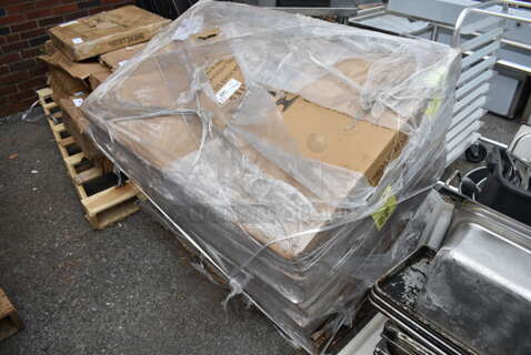 PALLET LOT of 8 BRAND NEW SCRATCH AND DENT! Lancaster Table & Seating Items including 164BA2424S, 164BA2424BKD Alloy Series 24" x 24" Distressed Onyx Black Bar Height Outdoor Table, Four 164DA3048SIL Alloy Series 48" x 30" Nickel Gray Standard Height Outdoor Table, Two 164DA3048SFM Alloy Series 48" x 30" Aquamarine Standard Height Outdoor Table. 8 Times Your Bid!
